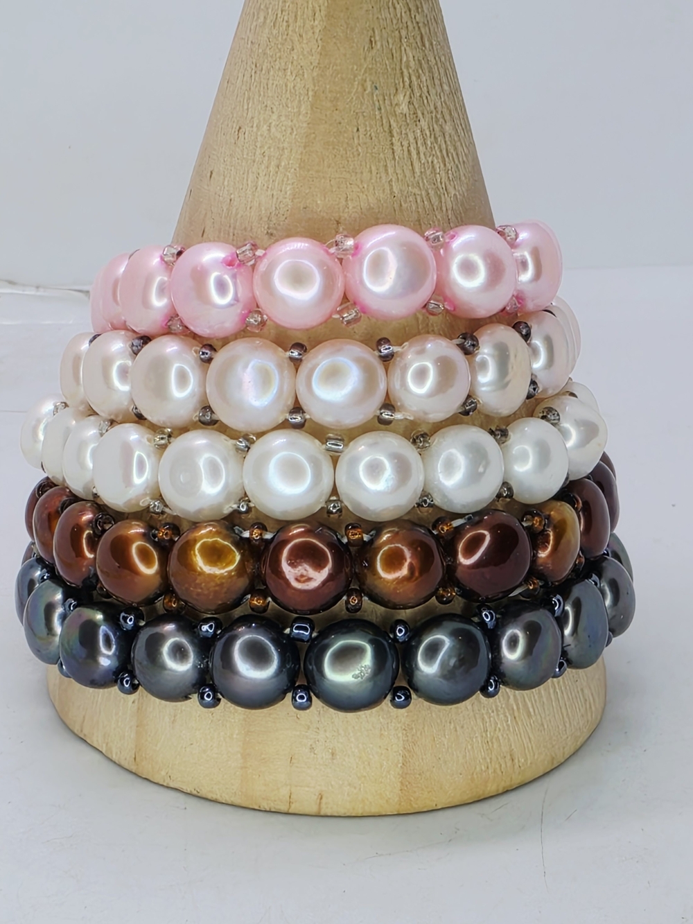 Lot Of 5Vintage Cultured Freshwater Coin Pearl Stretch Bracelets Peacock Pink